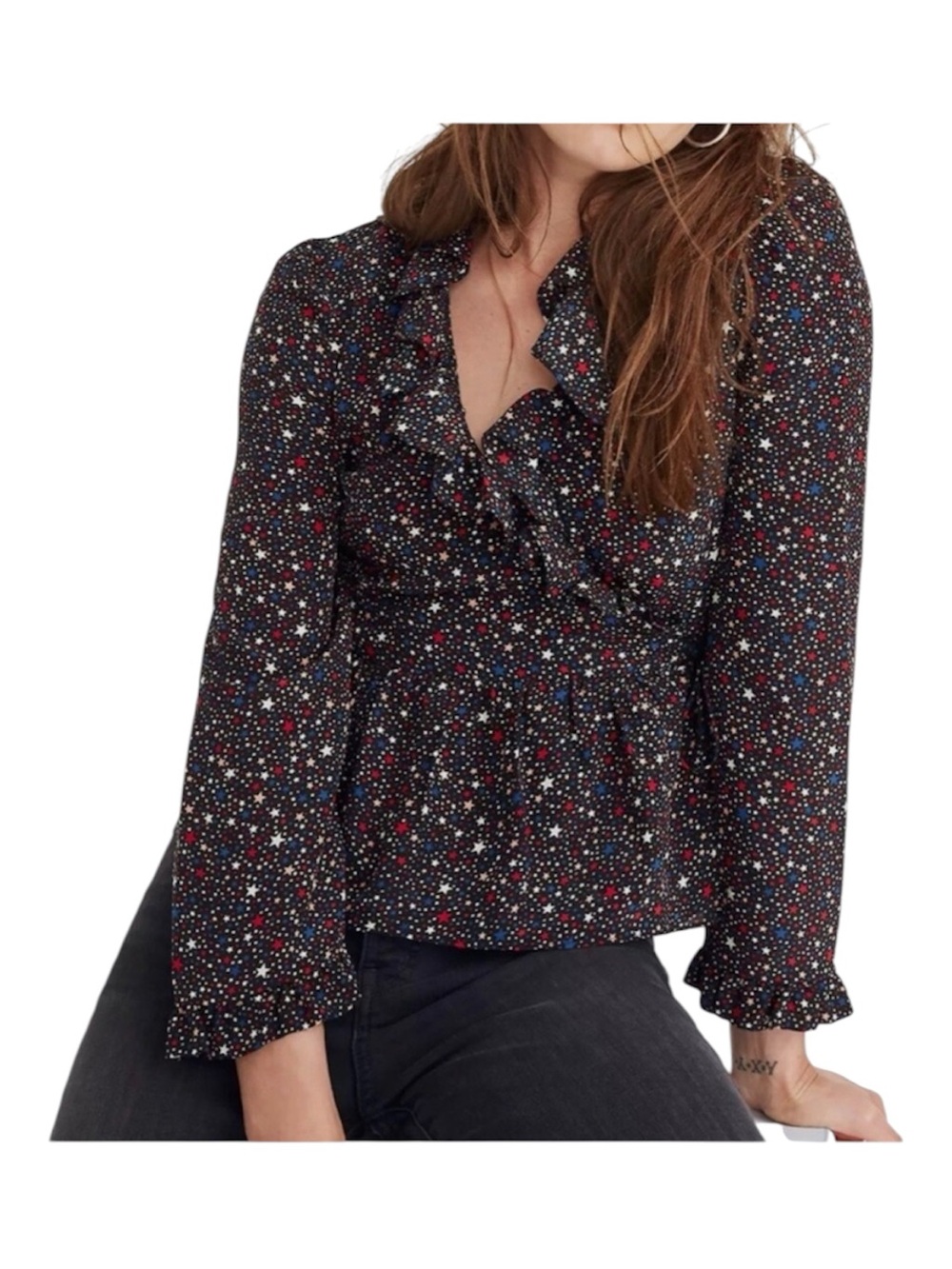 MADEWELL Silk Ruffle-Hem Wrap Top in Starry Night